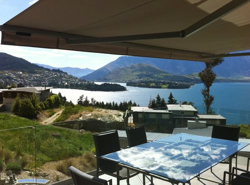 Euro awning open over balcony looking over Queenstown